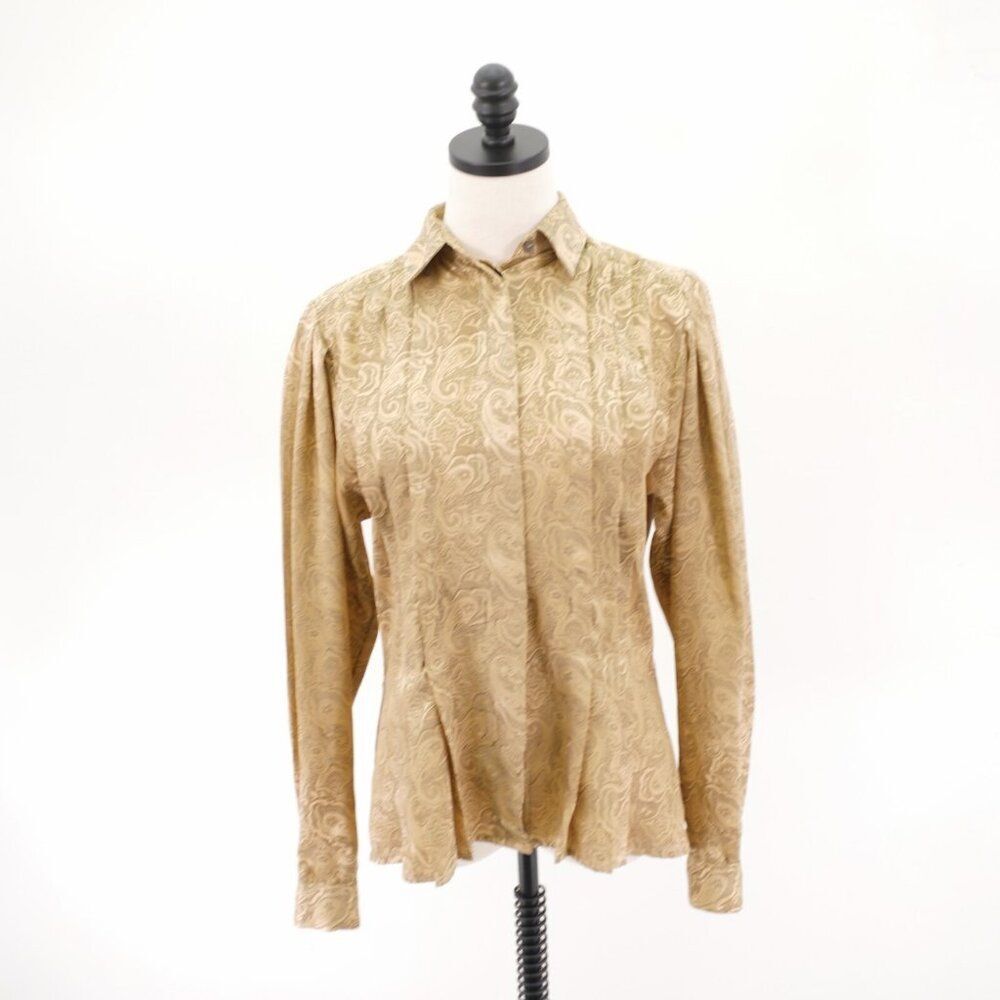 Liz Claiborne Vintage Gold Paisley Pintuck Button Down Blouse Pleated Size 4